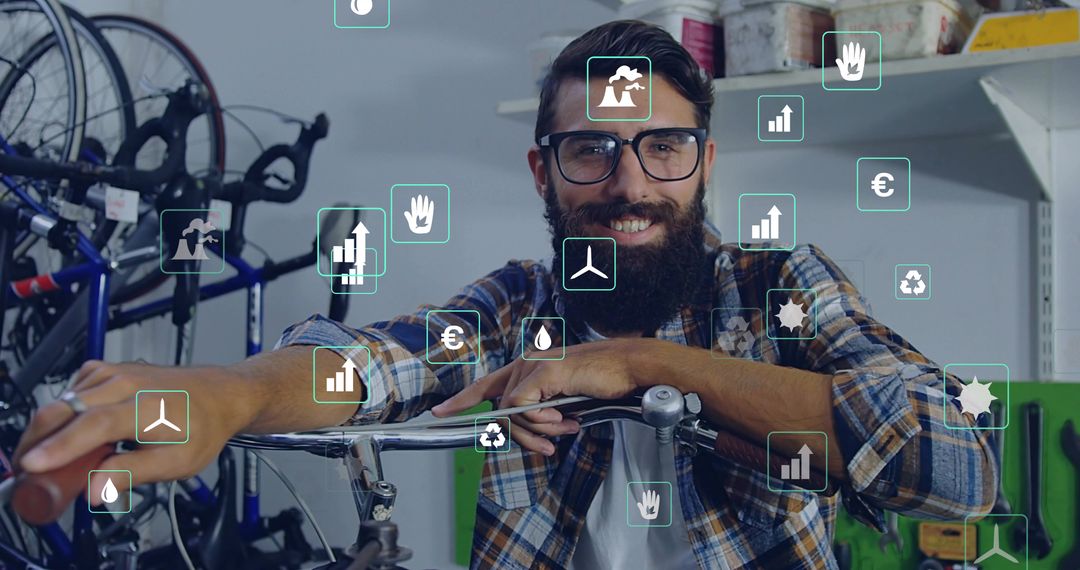 Bearded Mechanic Displaying Bicycle Data Visuals in Workshop