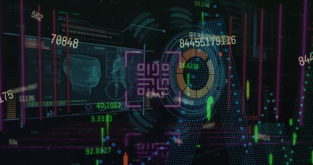 Futuristic Digital Display with QR Codes and Data Visualizations