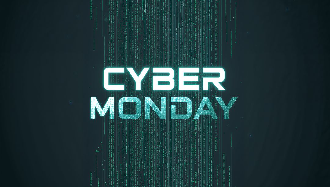 Futuristic Cyber Monday Neon Banner Featuring Streaming Binary Code, Digital Glow, Sale