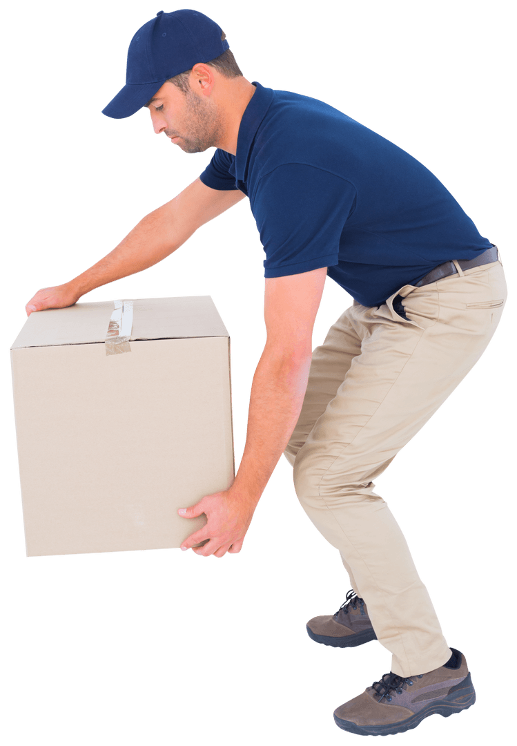Transparent Delivery Worker Lifting Cardboard Box Full Length