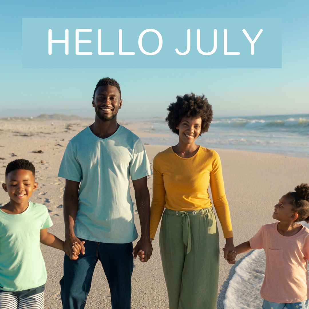 Smiling Family Holding Hands on Sunny Beach in Summer
