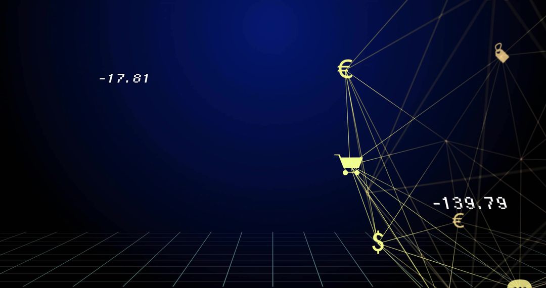 Digital Finance Network with Currency Icons and Negative Values
