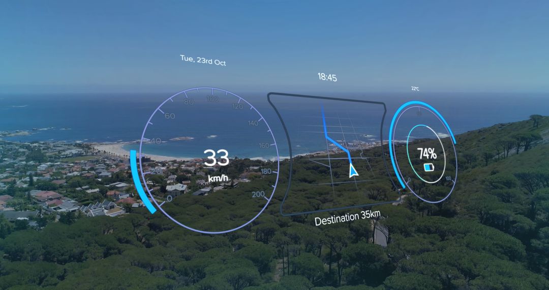 Electric Vehicle HUD Interface over Scenic Landscape