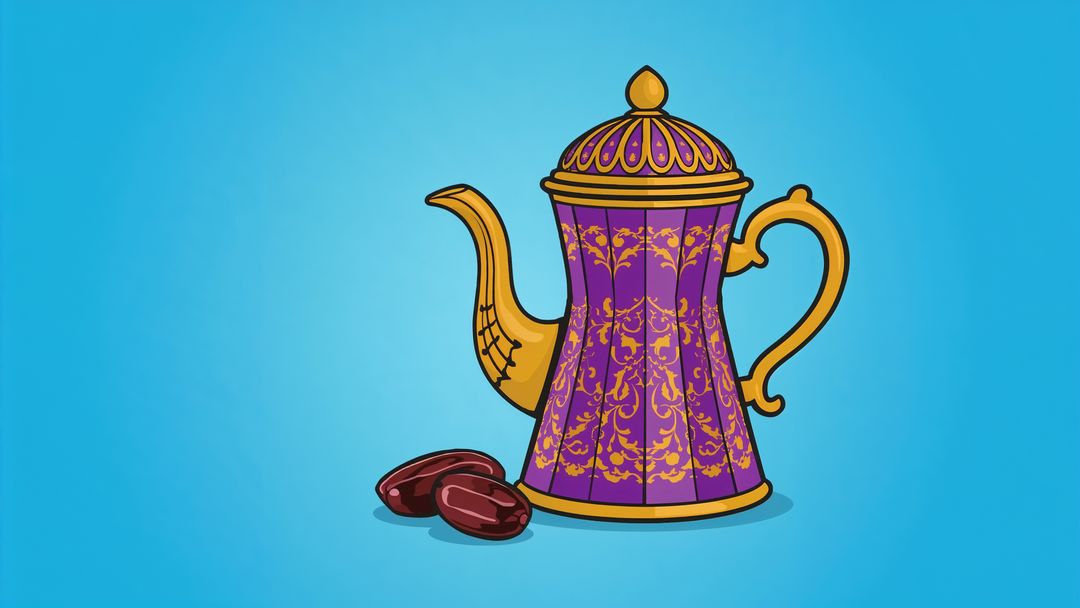 Ornate purple dallah coffee pot with dates on blue background
