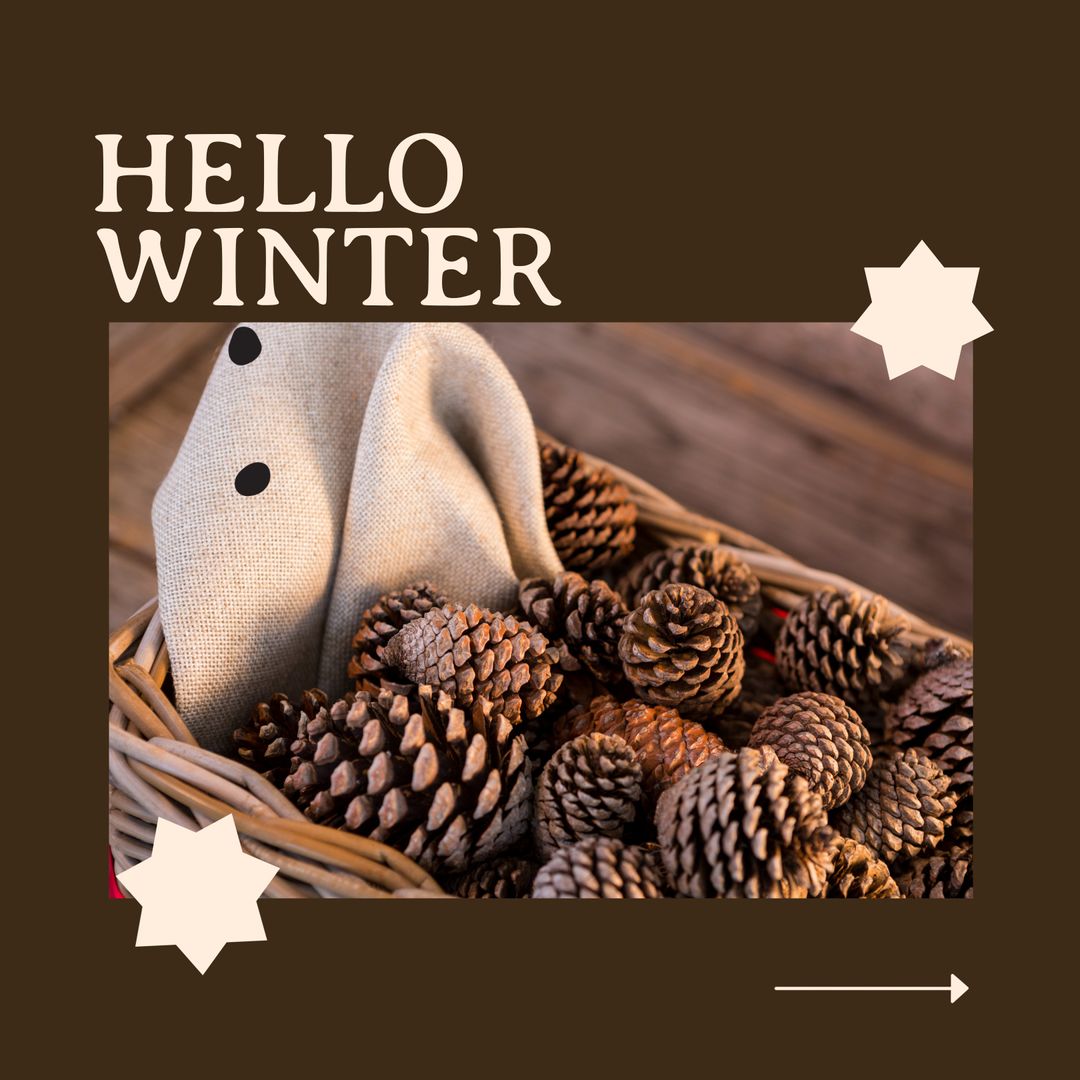 Hello Winter Greeting with Pine Cones in Cozy Setting - Download Free Stock Templates Pikwizard.com