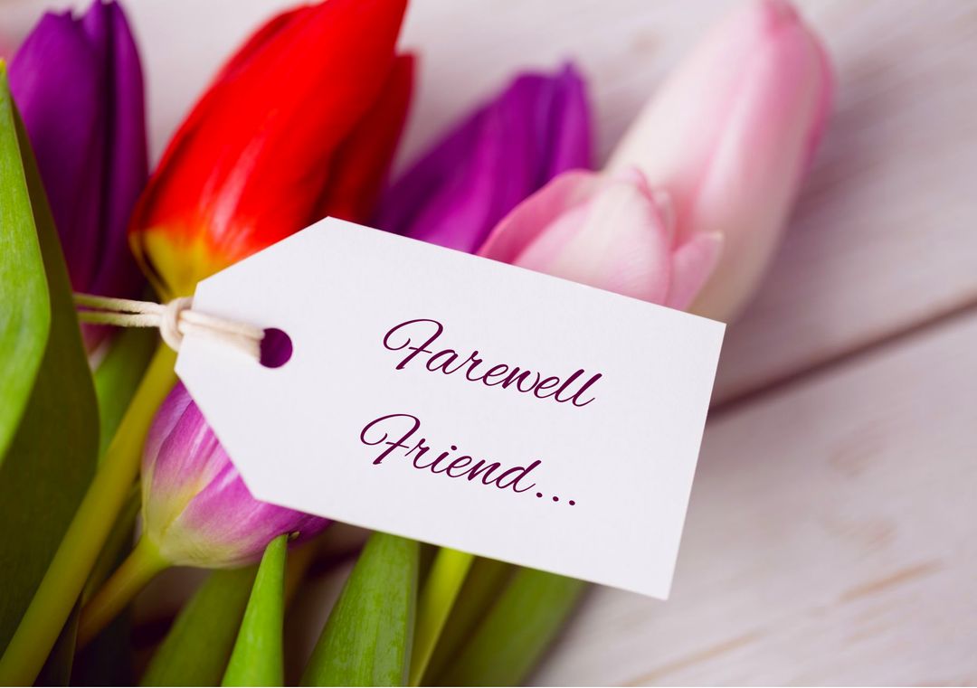 Colorful Tulips with Farewell Tag on Wooden Table - Download Free Stock Templates Pikwizard.com