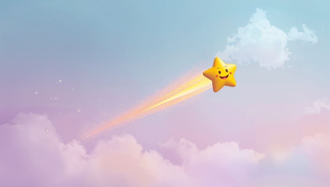 Smiling Shooting Star Soaring Through Pastel Sky with Glittering Trail and Pink Clouds