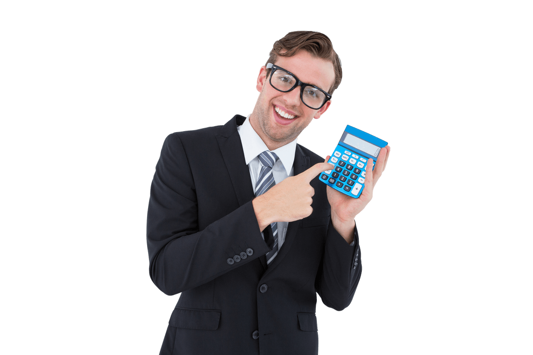 Transparent Suit Clad Man Enthusiastically Pointing Calculator