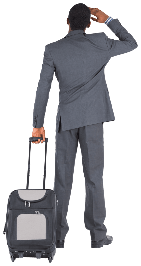 Transparent Man in Suit Holding Travel Luggage