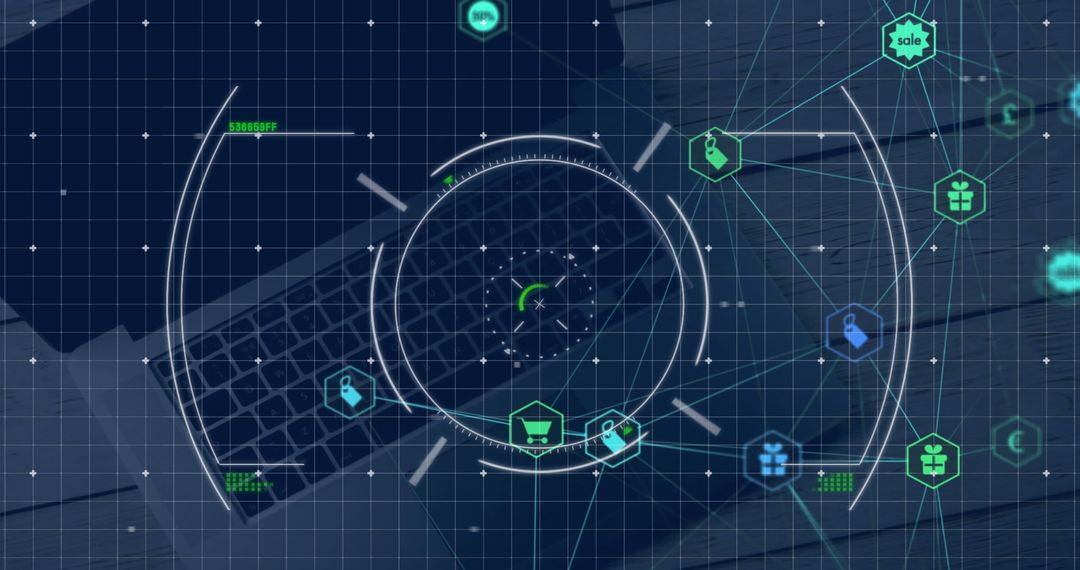 Futuristic Network Interface Overlaying Laptop Technology
