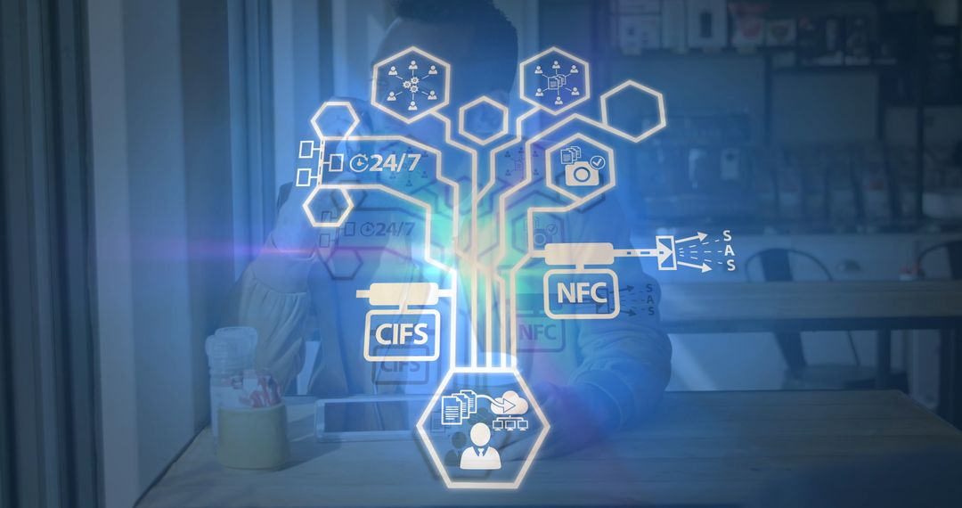 Technology Icon Overlay on Man Using Smartphone at Cafe