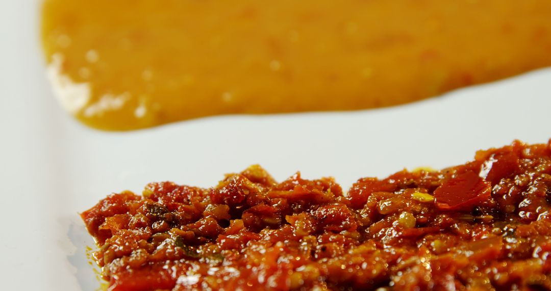 Close-up of Red Pepper Relish and Mustard Sauce on White Plate - Free Images, Stock Photos and Pictures on Pikwizard.com