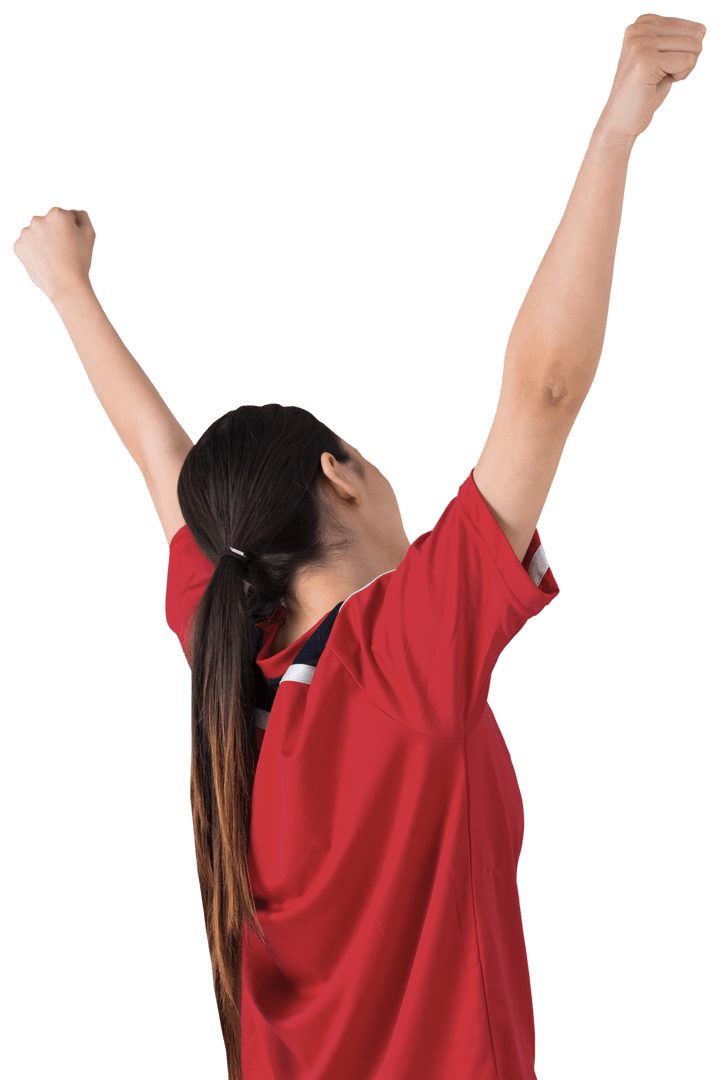 Excited Football Fan Cheering with Raised Arms on Transparent Background