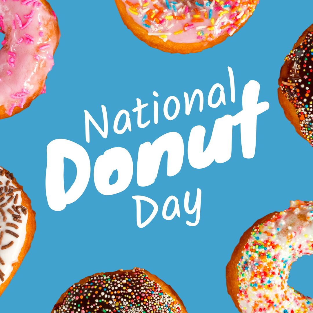 National Donut Day Celebration with Colorful Donuts on Blue Background - Download Free Stock Templates Pikwizard.com