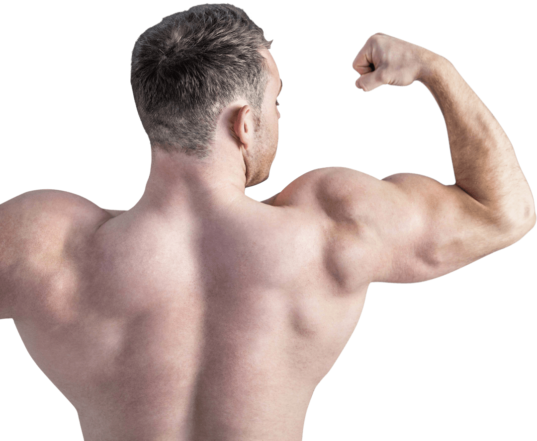 Strong Muscular Male Bodybuilder Flexing Back Muscles on Transparent Background