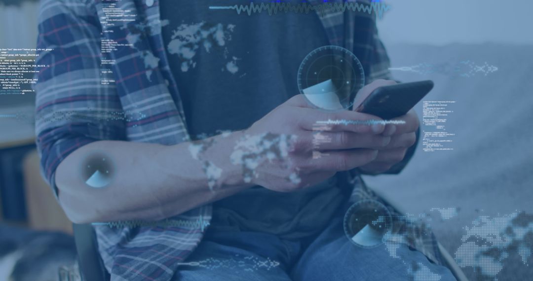 Man Using Smartphone with Data Overlay in Technology Concept