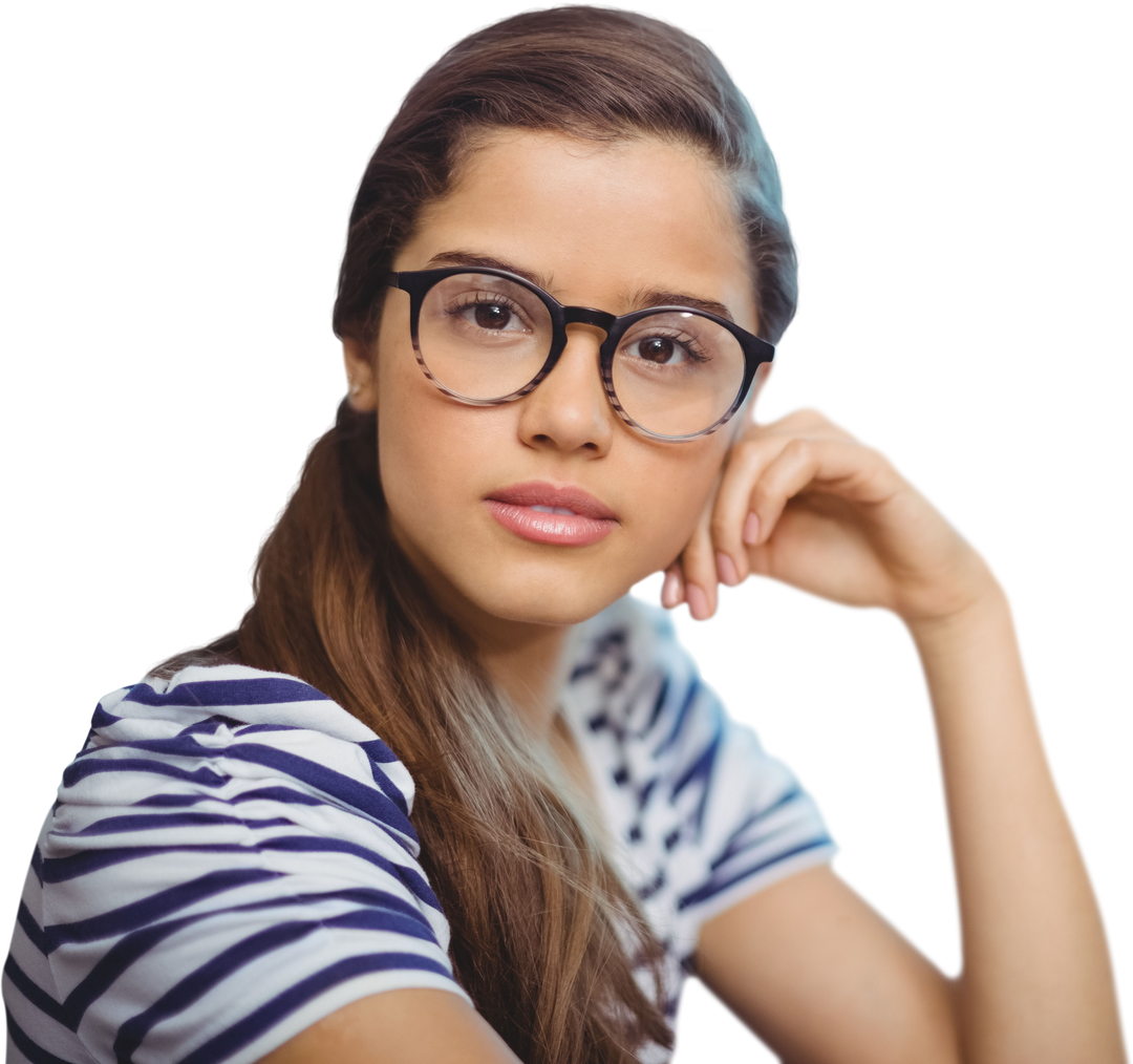 Serious Woman Focused Wearing Eyeglasses with Striped Shirt on Transparent Background - Download Free Stock Images Pikwizard.com