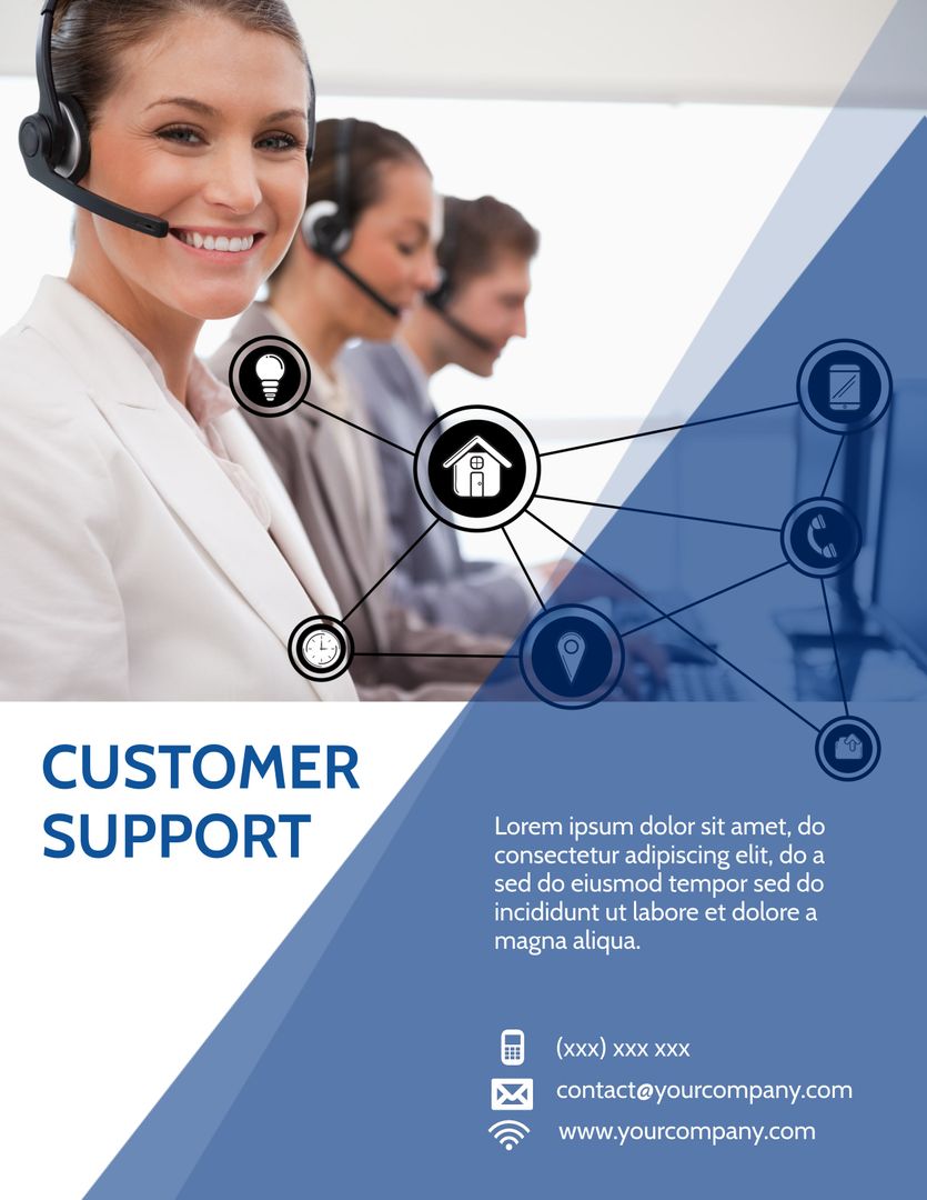 Smiling Customer Support Representative with Headset against Blue Overlay  Design from Pikwizard