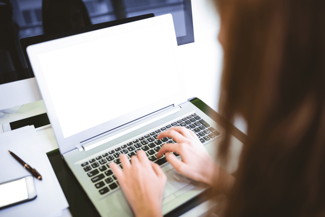 Transparent Freelancer Working on Laptop from Above in Office