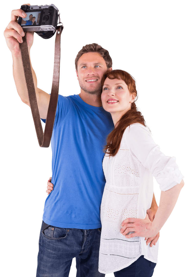 Happy Couple Posing with Camera on Transparent Background