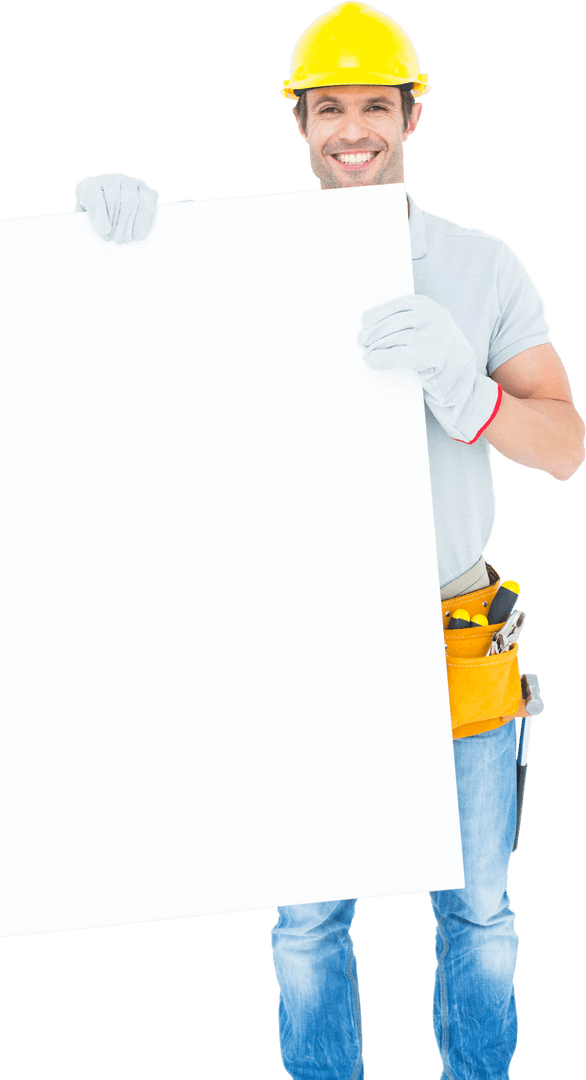 Friendly Male Architect Holding Blank Transparent Billboard