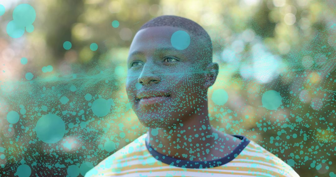 Contemplative man gazing upward in sunlit garden with teal bokeh overlay portrait