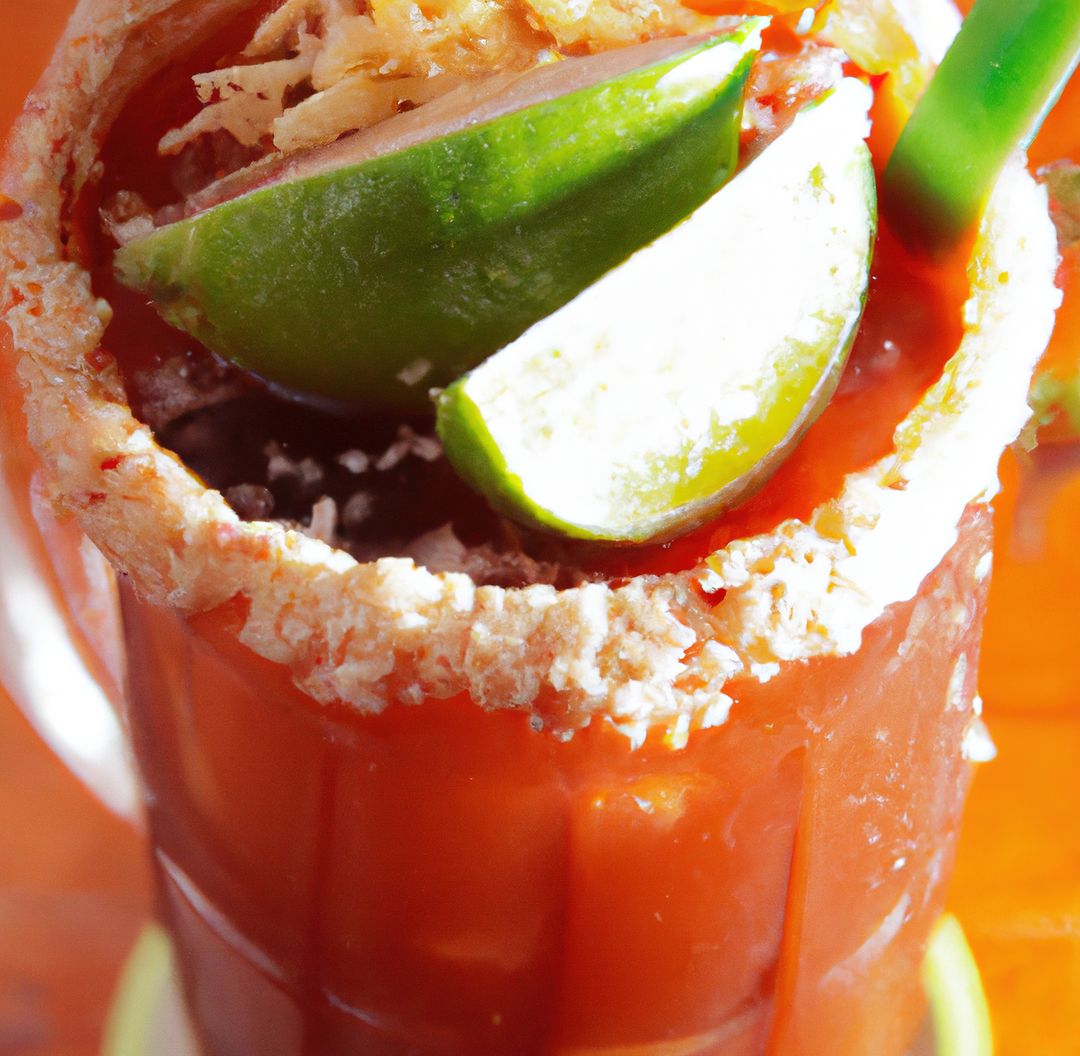 Image of close up of michelada drink in glass with sugar frosted edge and slices of lime - Free Images, Stock Photos and Pictures on Pikwizard.com