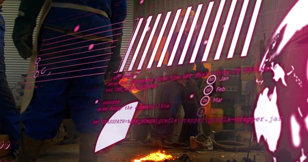 Metalworker Handling Molten Material with Digital Interface Overlays