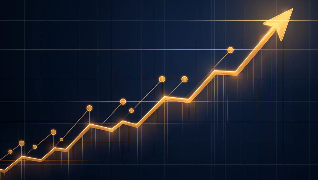 Luminous Golden Growth Chart Showing Upward Financial Trend with Arrow