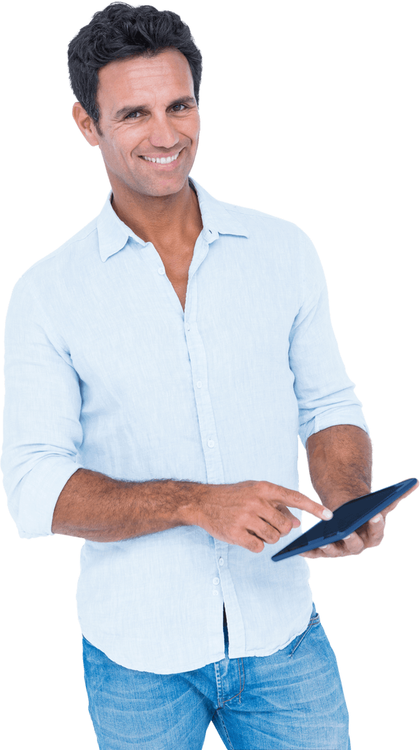 Smiling Professional Man Interacting with Transparent Tablet