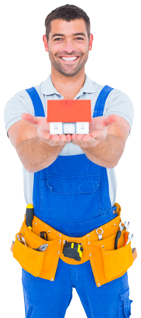 Smiling Construction Worker Displaying House Model, White Background, Transparent