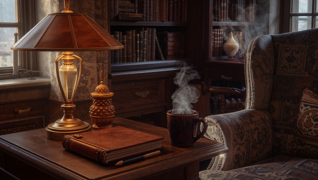 Warm Library Corner with Steaming Mug and Vintage Decor