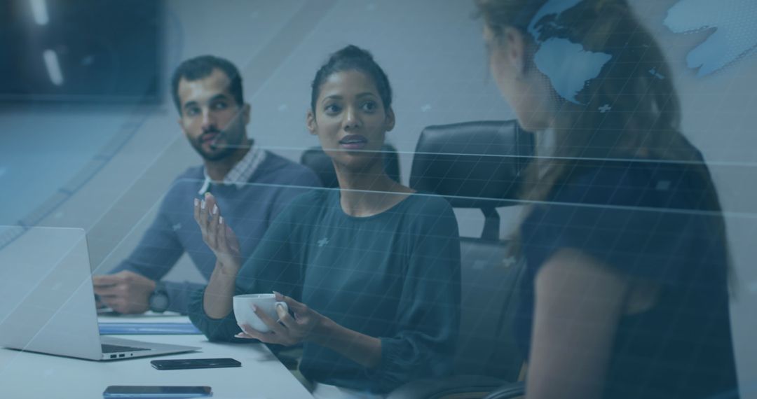 Team Discussing Ideas with Digital Analytics Overlay