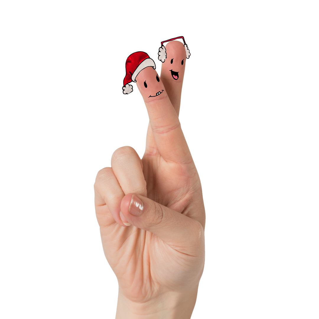 Crossed Fingers with Smiling Faces Wearing Santa Hats on Transparent Background