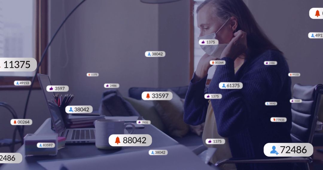 Woman Adjusting Face Mask with Digital Notifications in Home Workspace