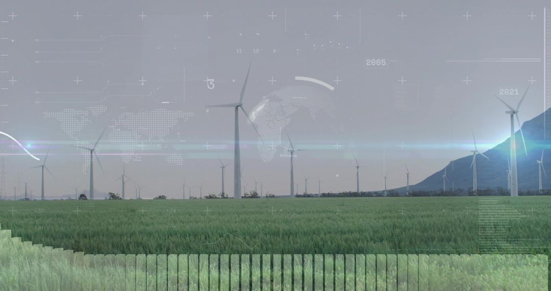 Futuristic Wind Turbines in Lush Field with Digital Technology Overlay