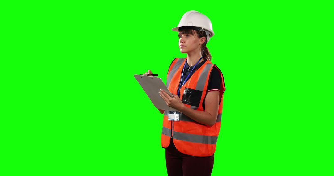 Civil Engineer in Orange Safety Vest with Clipboard on Green Screen - Free Images, Stock Photos and Pictures on Pikwizard.com