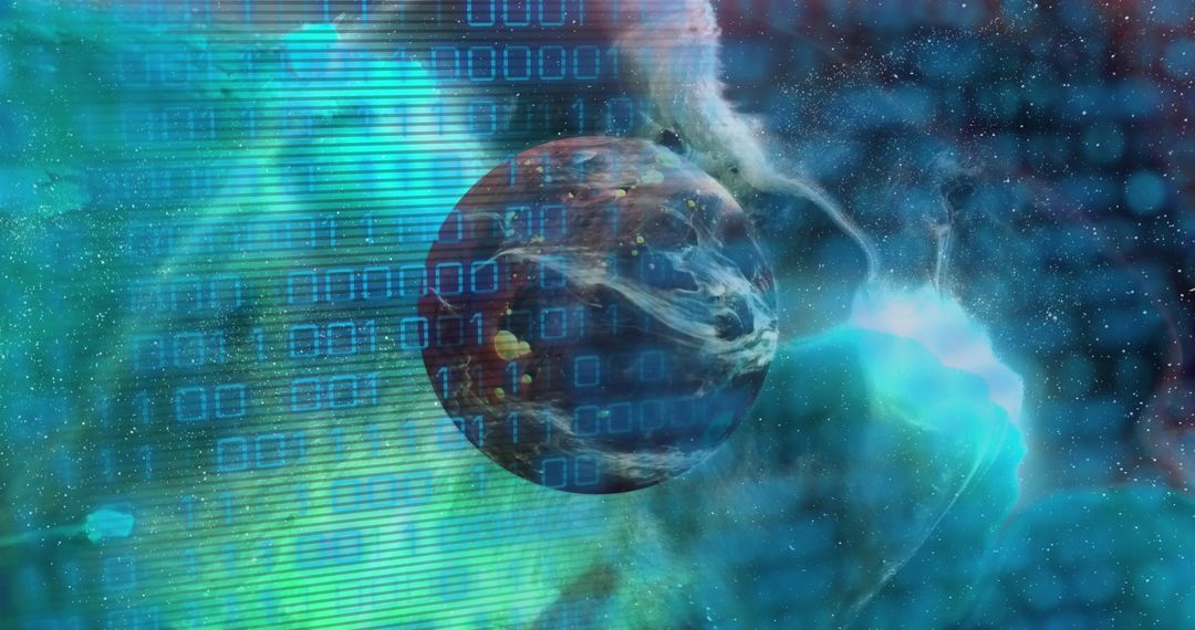 Binary Code Overlay on Planet with Cosmic Background