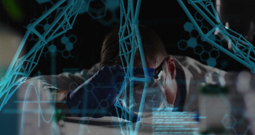 Scientist Analyzing Sample with Digital Data Overlays in Laboratory