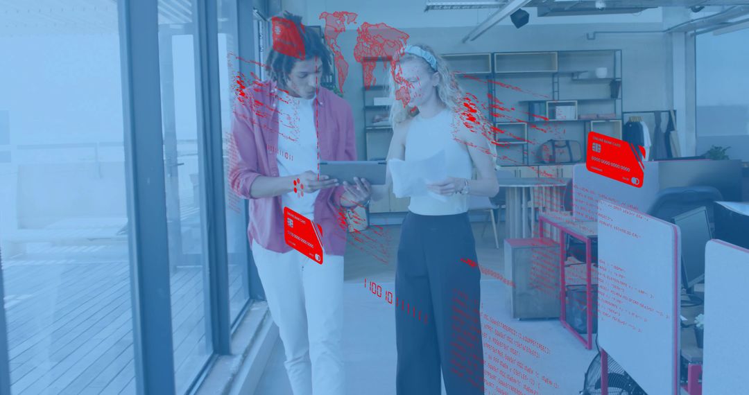 Two Professionals Walking and Reviewing Tablet with Augmented Reality Finance Overlay