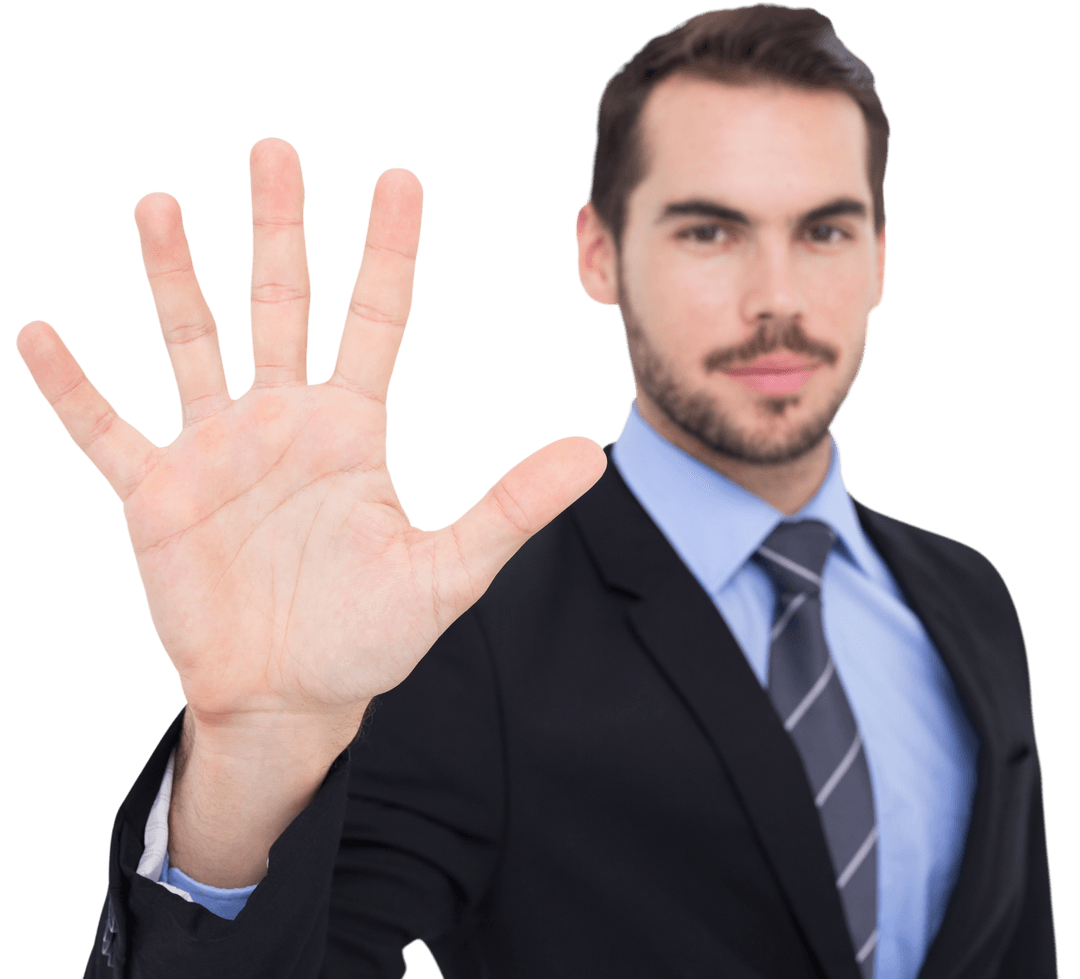 Smiling Transparent Businessman with Fingers Spread