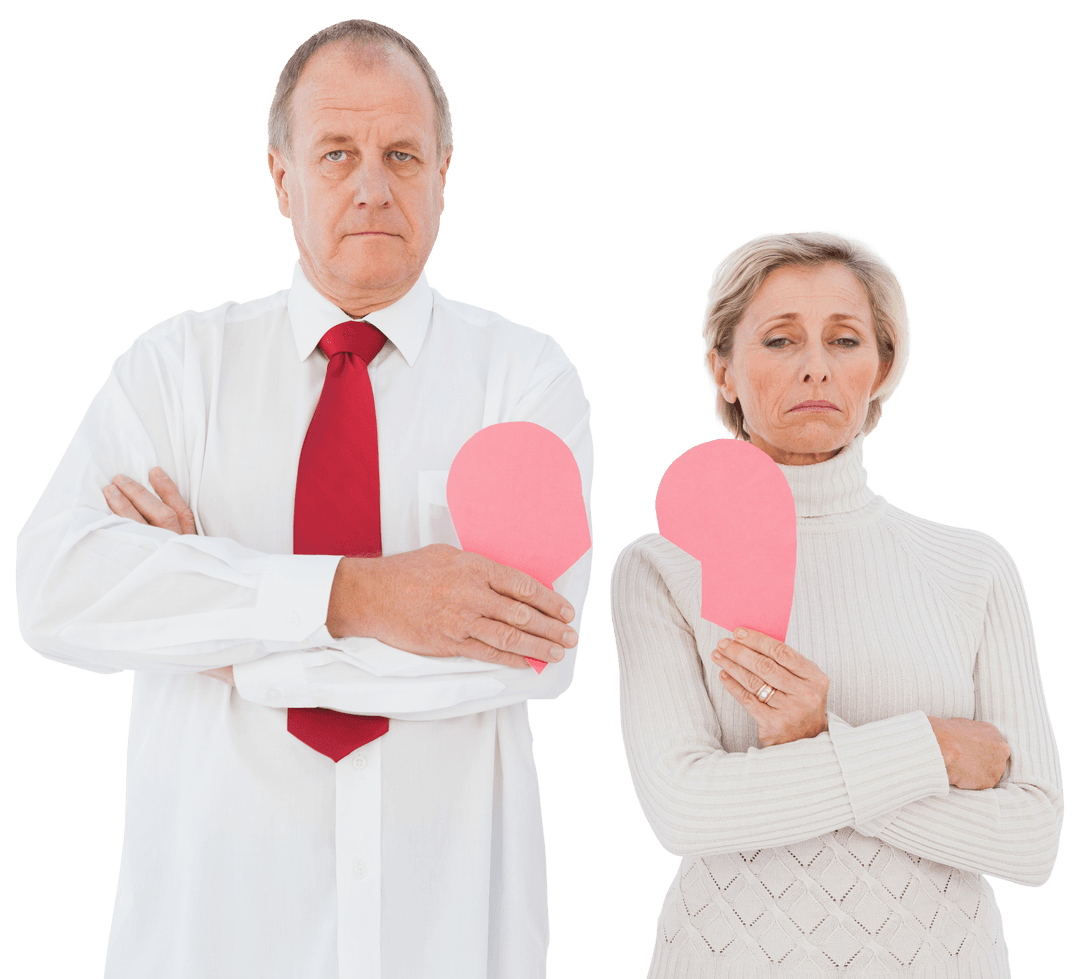 Senior Couple Holding Broken Heart on Transparent Background