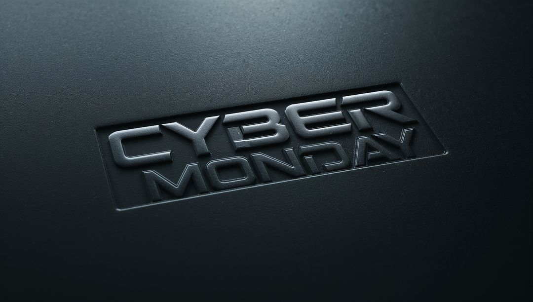 Embossed Metallic Cyber Monday Text on Dark Blue Textured Surface with Reflective Finish