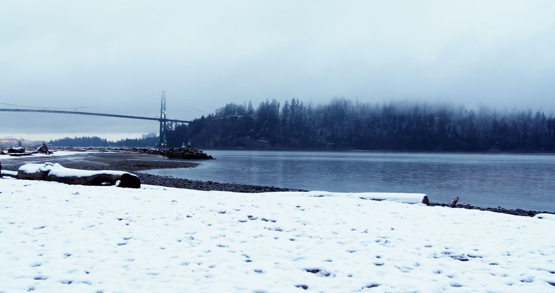 Snow-covered beach and foggy bridge landscape in winter - Free Images, Stock Photos and Pictures on Pikwizard.com