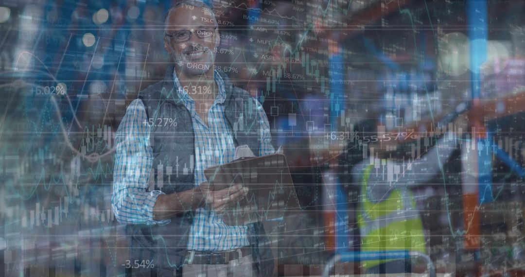 Global Business Insights: Diverse Warehouse Team and Data Interface