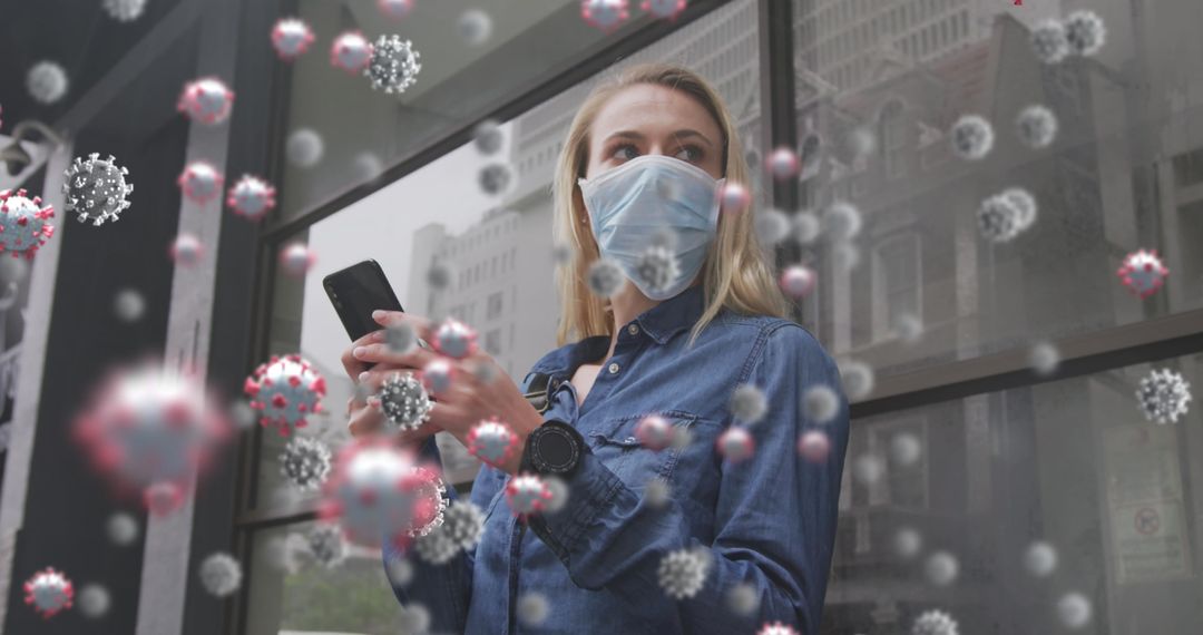 Masked Woman Using Smartphone with Digital Virus Overlay