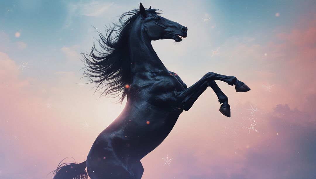 Majestic Black Stallion Rearing at Dawn Under Mysterious Sky