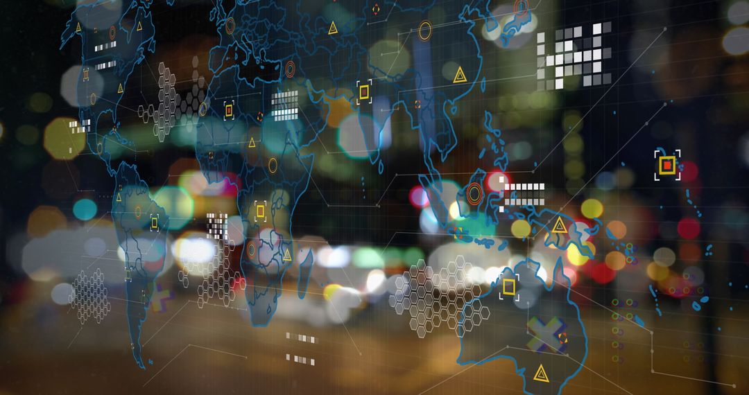 Futuristic Digital Map Overlay on Blurred Urban Cityscape