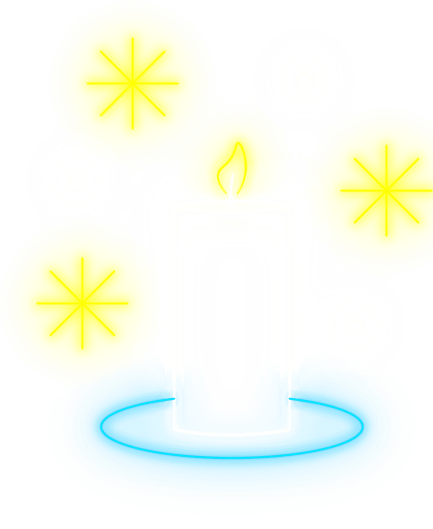 Transparent Neon Candle Icon with Festive Glowing Circles
