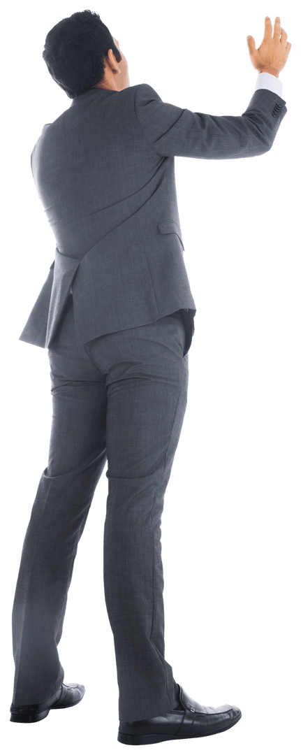Businessman Reaching Up with Confidence on Transparent Background